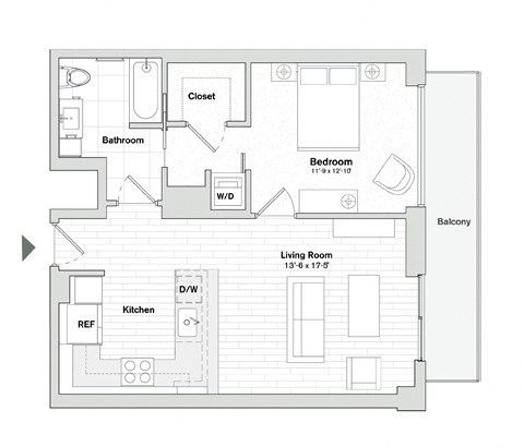 Floor plan for 1 bed, 1 bath, 771 sqft